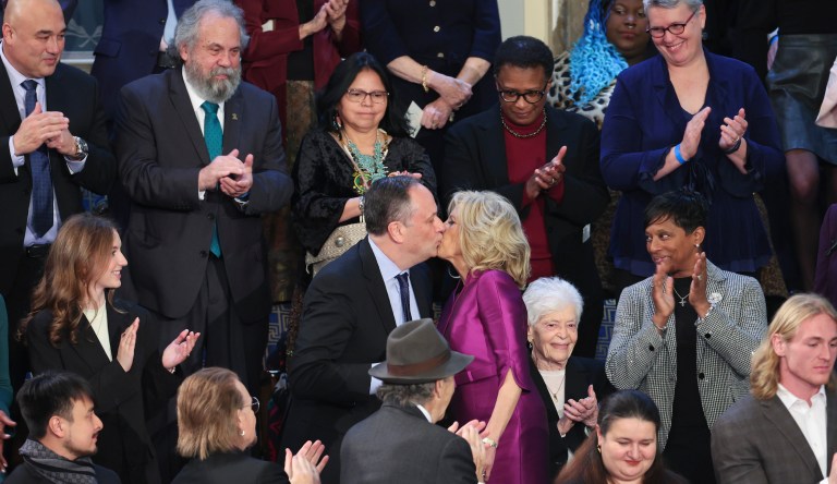 Kamala Harris tight-lipped about ‘Smooch of the Union’ between her husband and Jill Biden