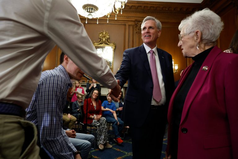 Speaker of the House Kevin McCarthy (R-CA) and Rep. Virginia Foxx (R-VA) greet guests before an event to introduce the Parents Bill of Rights Act in the Rayburn Room at the U.S. Capitol on March 01, 2023, in Washington, D.C.