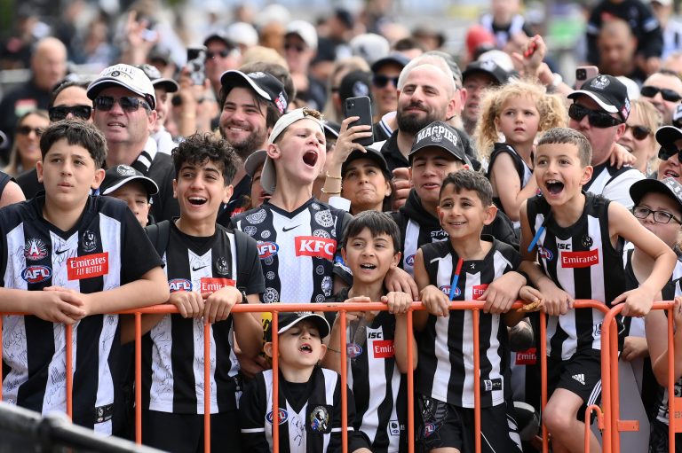 Fans show their support during the Collingwood Magpies AFL Grand Final celebrations fan day at AIA Centre on October 01, 2023 in Melbourne, Australia. 