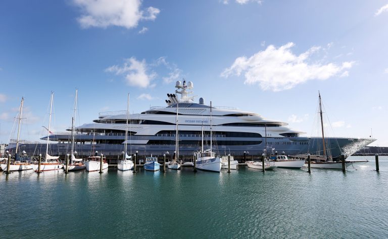 The 140-meter long 'Ocean Victory' is seen docked on July 21, 2015, in Auckland, New Zealand. The superyacht is owned by Russian steel billionaire Viktor Rashnikov and features six swimming pools, a jacuzzi, a gym, a helipad, and a helicopter hanger.  