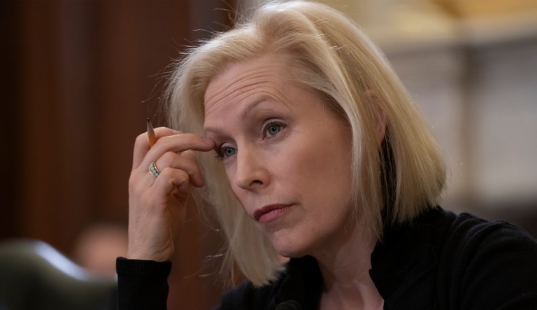 Sen. Kirsten Gillibrand, D-N.Y., the ranking member of the Senate Armed Services Subcommittee on Personnel, listens as the panel holds a hearing about prevention and response to sexual assault in the military, on Capitol Hill in Washington, Wednesday, March 6, 2019. Sen. Martha McSally, R-Ariz., recounted her own experience while serving as a colonel in the Air Force.