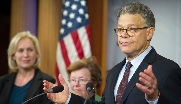 Sen. Al Franken, D-Minn. speaks during a news conference on Capitol Hill in Washington, Wednesday, Sept. 10, 2014, to discuss the Paycheck Fairness Act. The act would ensure that women have a fair shot at equal pay. From left are, Sen. Kirsten Gillibrand, D-N.Y., Sen. Barbara Mikulski, D-Md, and Franken.