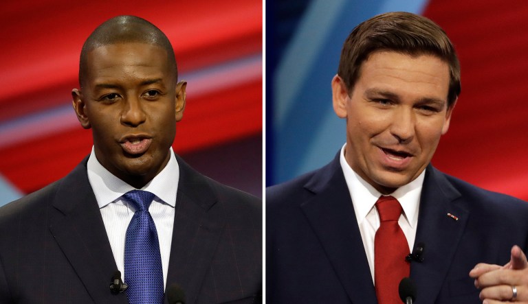 FILE - In this combination of Oct. 21, 2018 file photos Florida Democratic gubernatorial candidate Andrew Gillum, left, and Florida Republican gubernatorial candidate Ron DeSantis speak during a CNN debate in Tampa, Fla. Races for governor, legislative seats and other state-level offices have attracted more than $2 billion in campaign contributions this year. That nearly matches contributions to congressional elections, the highest profile political events this year. The top states this year for reported contributions to candidates are, in order, Illinois, California, Texas, Florida, New York, Georgia and Pennsylvania.  Polls have consistently shown a tight race in Florida between DeSantis, a loyalist to President Donald Trump, and Tallahassee Mayor Gillum.