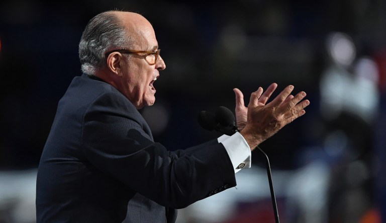 Former New York Mayor Rudy Giuliani addresses delegates during the opening day of the Republican National Convention in Cleveland, Monday, July 18, 2016. 