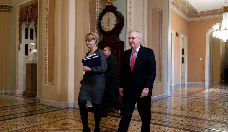 Senate Majority Leader Mitch McConnell walks into the Senate chamber on January 28, 2020