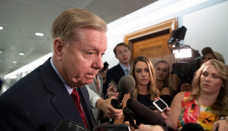 Senate Judiciary Committee Chairman Lindsey Graham, R-S.C., speaks to reporters as he arrives to begin a markup on immigration policy on Capitol Hill in Washington, Thursday, Aug. 1, 2019. The Senate Judiciary Committee is engaged in a heated battle over immigration policy as chairman Lindsey Graham threatens to upend the rules to advance a detention bill that Democrats oppose.  Itâs one last battle, being led Thursday by a top ally of President Donald Trump, before senators break for a long August recess and the start of 2020 campaigning.
