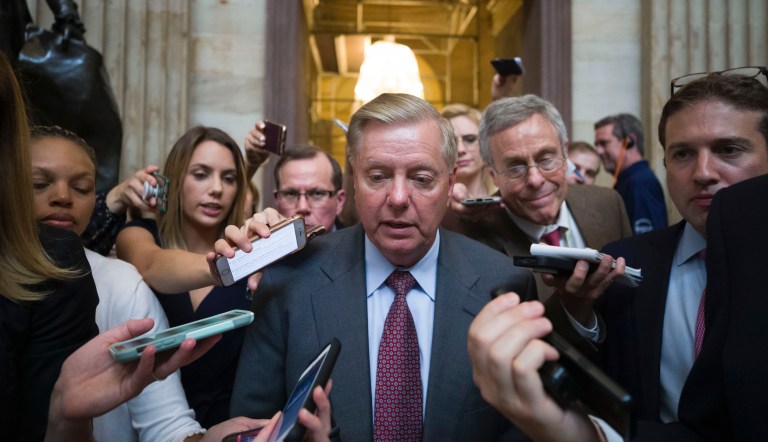 Sen. Lindsey Graham, R-S.C., talks with reporters after a meeting with House Speaker Nancy Pelosi of Calif., on Capitol Hill, Thursday, June 27, 2019 in Washington. 