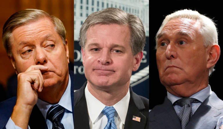 Lindsey Graham, Christopher Wray, and Roger Stone are pictured.