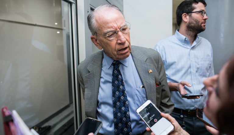 Senator Chuck Grassley, R-IA, takes questions from reporters on Capitol Hill.