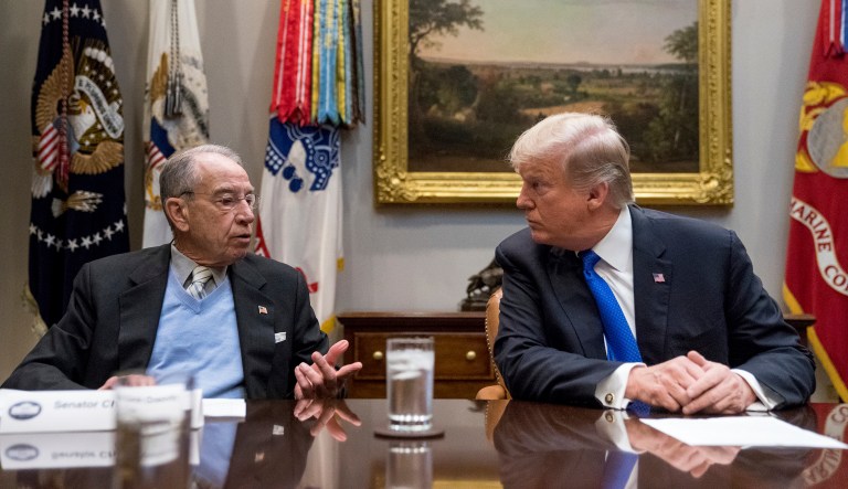 President Donald Trump listens as Sen. Chuck Grassley, R-Iowa, left, speaks at a meeting on immigration with Republican Senators in the Roosevelt Room at the White House, Thursday, Jan. 4, 2018, in Washington.