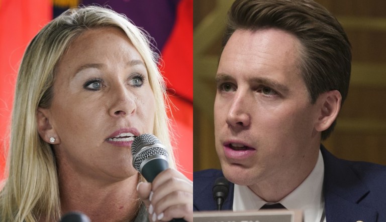Pictured are Marjorie Taylor Greene, left, and Josh Hawley, right.