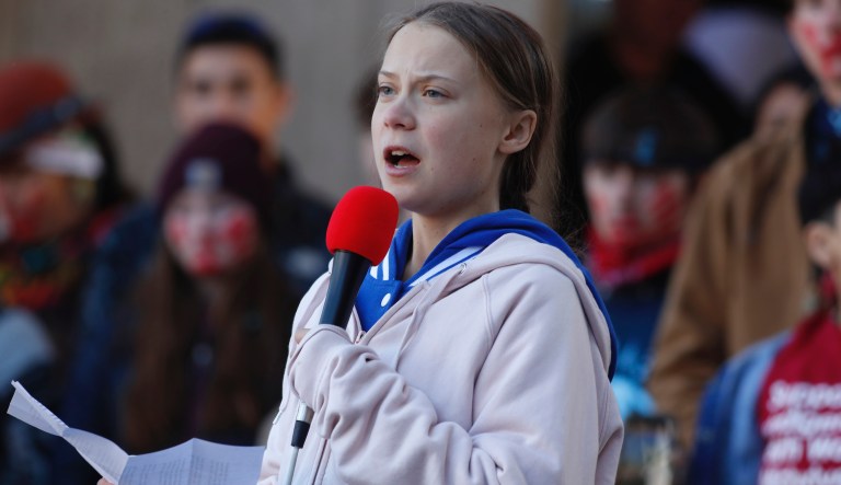 Swedish climate activist Greta Thunberg speaks to several thousand people at a climate strike rally Friday, Oct. 11, 2019, in Denver. The rally was staged in Denver's Civic Center Park.