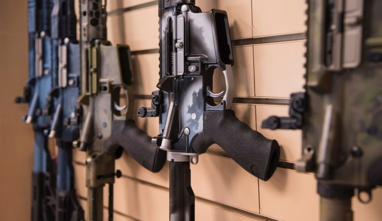 AR-15 style rifles made by Battle Rifle Co., a gunmaker in Webster, Texas, are on display in its retail shop.