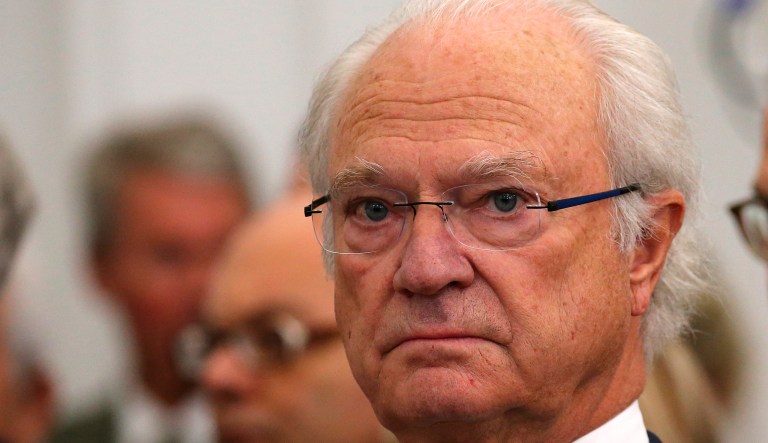 King Carl XVI Gustaf is seen at the town hall of Pau, southwestern France, Monday, Oct.8, 2018.
