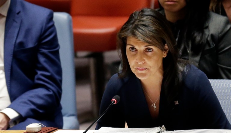 United States Ambassador to the United Nations Nikki Haley speaks at a Security Council meeting at United Nations headquarters, Thursday, April 19, 2018.