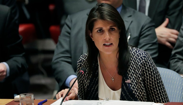 Nikki Haley, U.S. ambassador to the United Nations, speaks during a Security Council meeting on April 13, 2018, at United Nations headquarters.