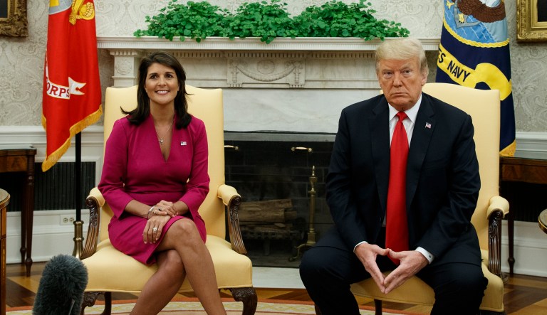 President Donald Trump meets with outgoing U.S. Ambassador to the United Nations Nikki Haley in the Oval Office of the White House, Tuesday, Oct. 9, 2018, in Washington.