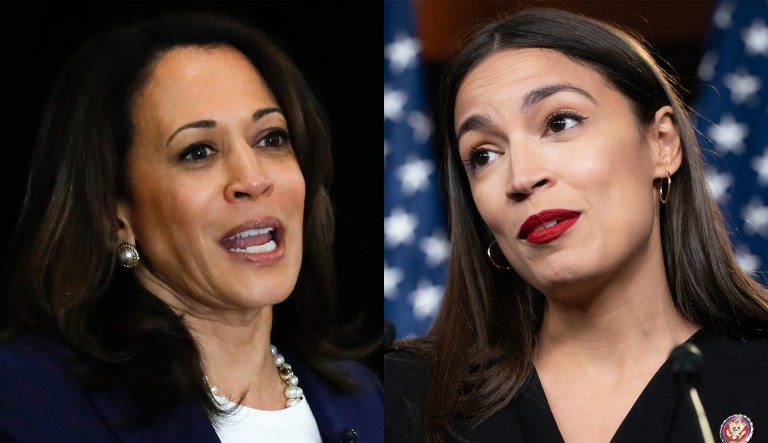 Pictured are Kamala Harris, left, and Alexandria Ocasio-Cortez, right.