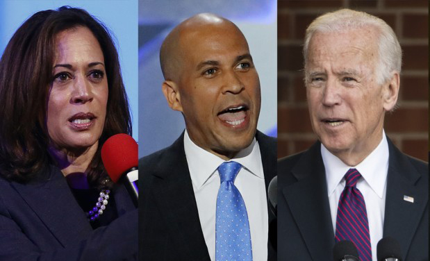 Pictured are Kamala Harris, left, Cory Booker, center, and Joe Biden, right.