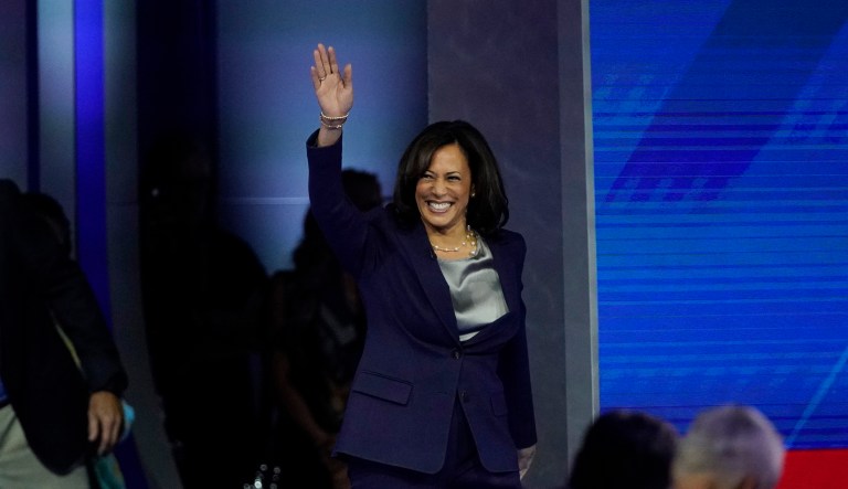 Sen. Kamala Harris, D-Calif., waves as she takes the stage Thursday, Sept. 12, 2019, for a Democratic presidential primary debate hosted by ABC at Texas Southern University in Houston.