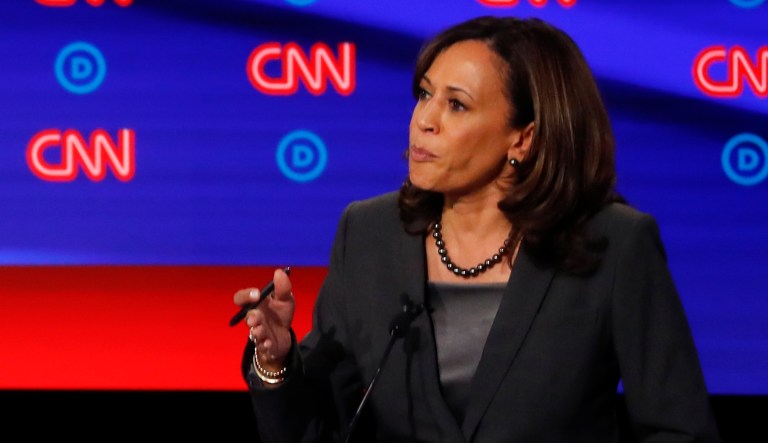 Former Vice President Joe Biden and Sen. Kamala Harris, D-Calif., participate in the second of two Democratic presidential primary debates hosted by CNN Wednesday, July 31, 2019, in the Fox Theatre in Detroit.