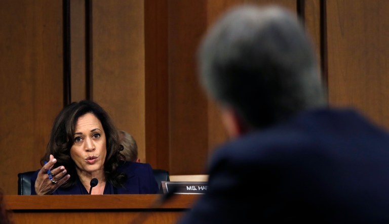 Sen. Kamala Harris, D-Calif., left, questions President Donald Trump's Supreme Court nominee, Brett Kavanaugh, in the evening of the second day of his Senate Judiciary Committee confirmation hearing, Wednesday, Sept. 5, 2018, on Capitol Hill in Washington, to replace retired Justice Anthony Kennedy.