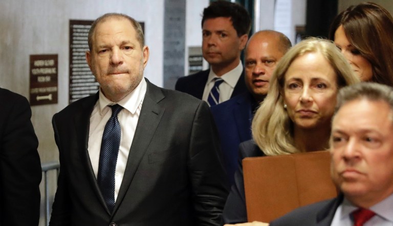 Harvey Weinstein, left, arrives at court for a hearing related to his sexual assault case, Thursday, July 11, 2019,  in New York. Weinstein's lawyer Jose Baez is going to court Thursday to get a judge's permission to leave the case, the latest defection from what was once seen as a modern version of O.J. Simpson's "dream team" of attorneys.