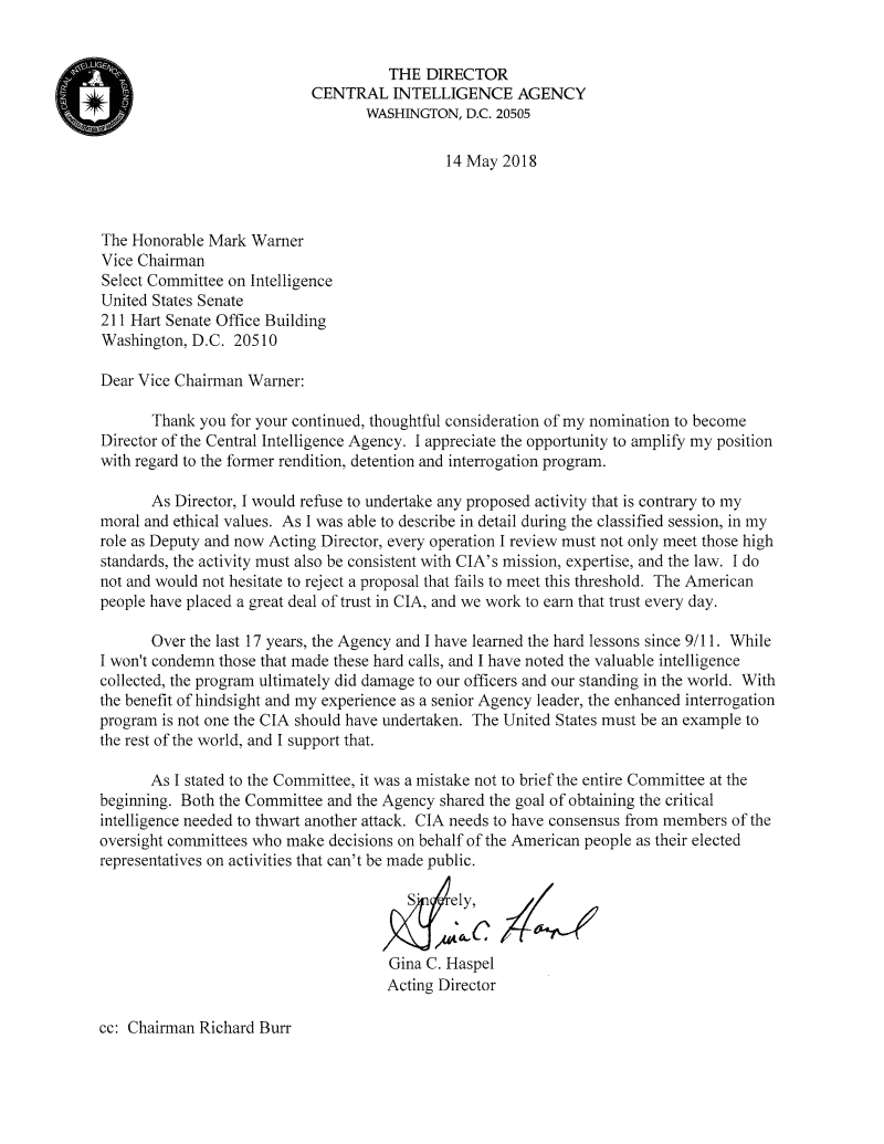 This is CIA nominee Gina Haspel's letter to Sen. Mark Warner, the ranking member of the Senate Intelligence Committee.
