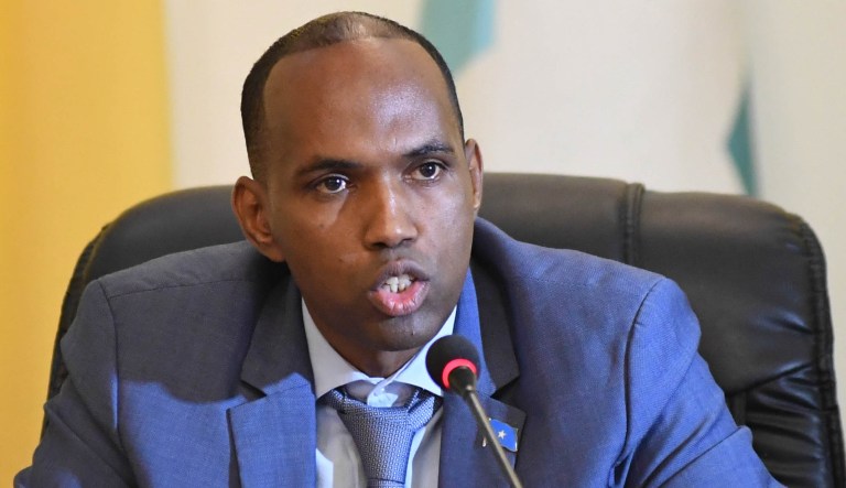 Somalia's Prime Minister, Hassan Ali Kheyre, speaks during a meeting with AU delegation in Mogadishu, Somalia, on March 23, 2017.