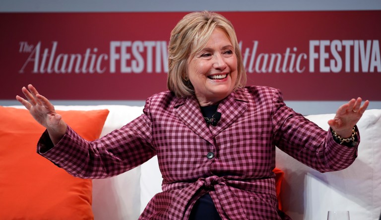 Former Secretary of State Hillary Clinton talks with Jeffrey Goldberg, editor in chief of The Atlantic, during The Atlantic Festival, Tuesday, Oct. 2, 2018, in Washington.