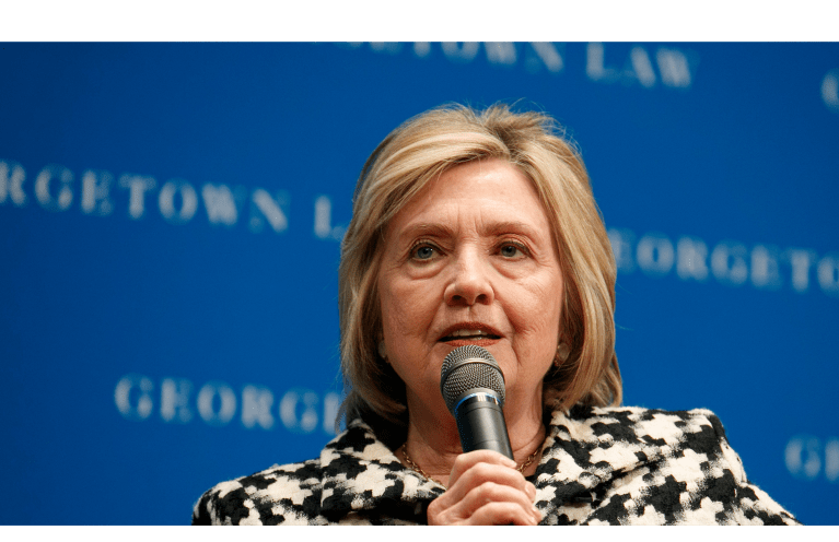 FILE - In this file photo dated Wednesday, Oct. 30, 2019, former U.S. Secretary of State Hillary Clinton speaks at Georgetown Law's second annual Ruth Bader Ginsburg Lecture, in Washington. Clinton told the BBC on Tuesday Nov. 12, 2019, that she's âdumbfoundedâ the U.K. government has failed to release a report on Russian influence in British politics as the country prepares for national elections on Dec 12. (AP Photo/Jacquelyn Martin, FILE)