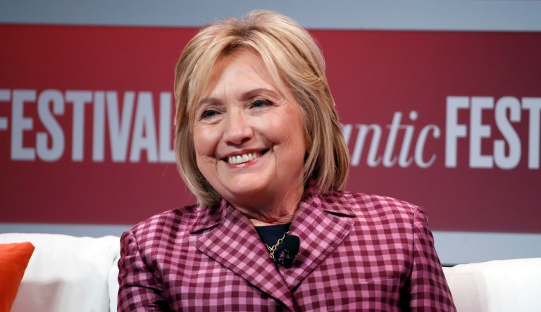 In this Oct. 2, 2018, file photo, former Secretary of State Hillary Clinton talks with Jeffrey Goldberg, editor in chief of The Atlantic, during The Atlantic Festival, in Washington.