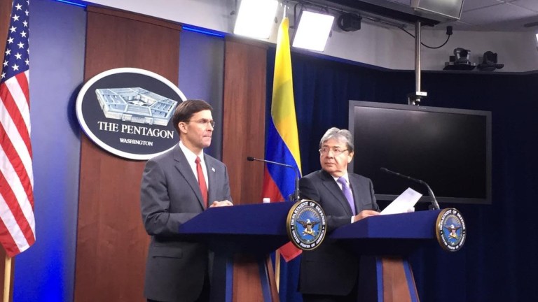 Colombian Defense Minister Carlos Holmes Trujillo at a Pentagon press briefing Feb. 7, 2020 with U.S. Defense Secretary Mark Esper.