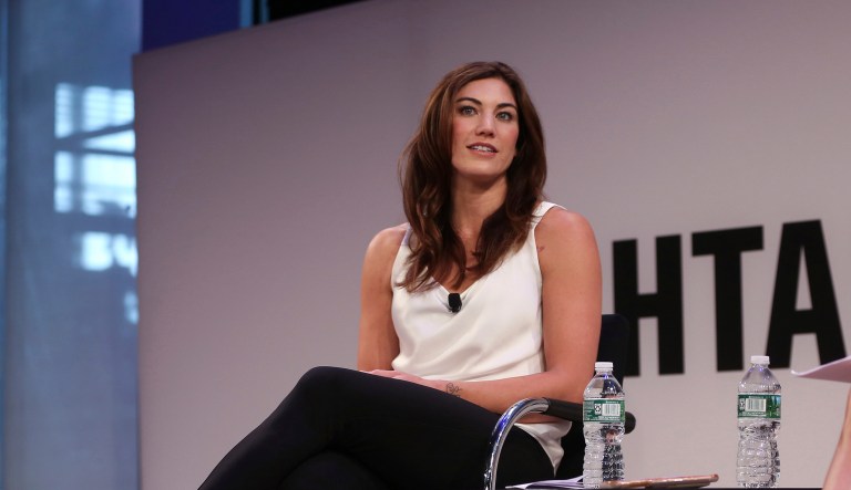 World Cup champion Hope Solo speaks with Bonnie Bernstein during the Hashtag Sports 2018 conference at the TimesCenter on Tuesday, June 26, 2018, in New York.