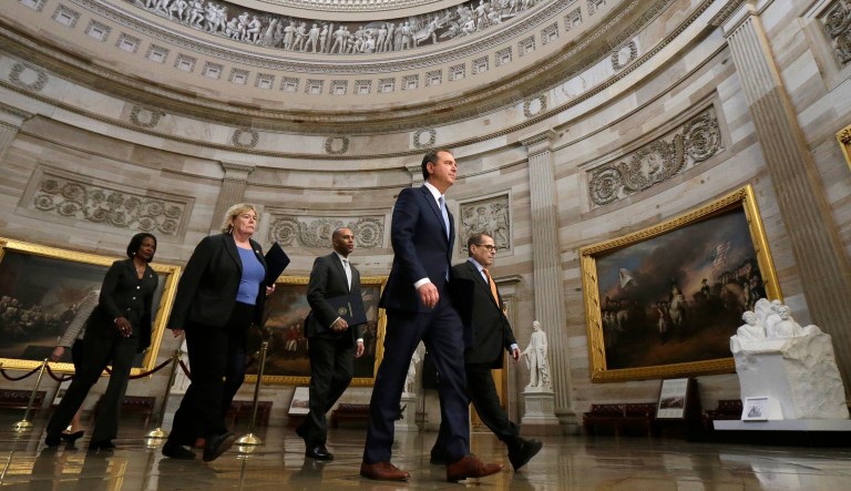 From left, Rep. Val Demings, D-Fla., Rep. Rep. Zoe Lofgren, D-Calif.,  Rep. Hakeem Jeffries, D-N.Y.,  House Intelligence Committee Chairman Adam Schiff, D-Calif., and House Judiciary Committee Chairman, Rep. Jerrold Nadler, D-N.Y., walk to the Senate on Capitol Hill in Washington, Thursday, Jan. 16, 2020.