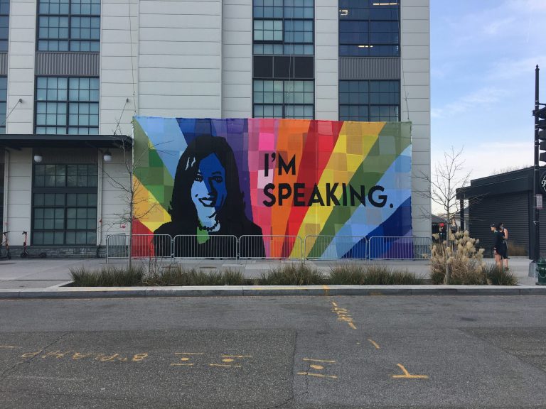 ‘I’m speaking’: Giant crochet artwork of Kamala Harris appears in DC for International Women’s Day