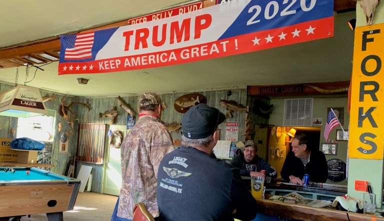 New Yorkers gather at Davy's Last Chance Saloon in Chenango Forks, NY. Patrons inside the pro-Trump dive bar have seen the negative effects of what Gov. Andrew Cuomo's fracking ban has done to the area. 