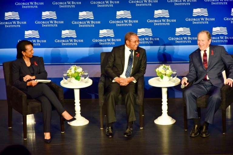 Former Secretary of State Condoleezza Rice (left), former President George Bush (right), and former President of the United Republic of Tanzania Jakaya Mrisho Kikwete (center) talk about the creation of the Presidentâs Emergency Plan for AIDS Relief program.
