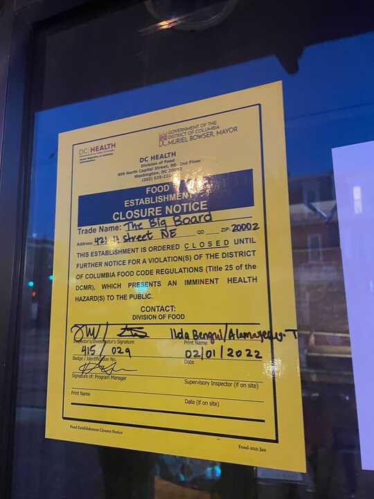 The Big Board restaurant in Washington D.C. that has resisted the city's mask and COVID-19 vaccine mandates was closed 