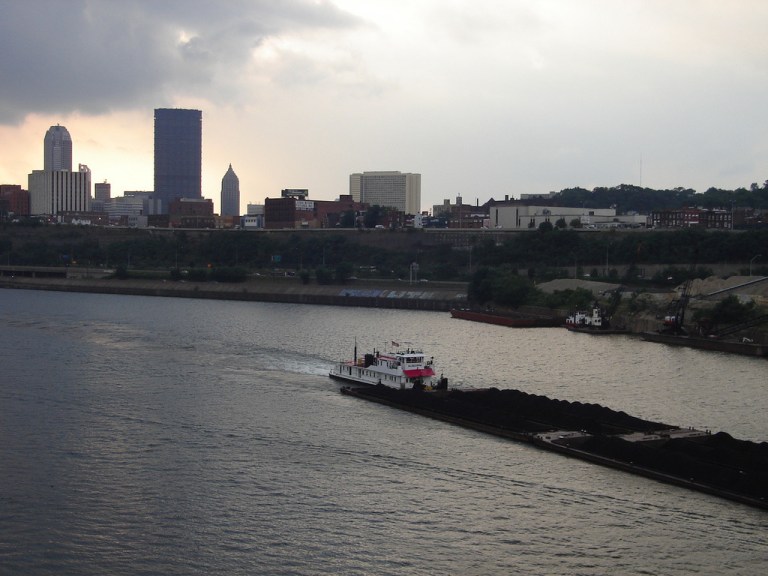 PITTSBURGH â Coal traveling up the Allegheny River on a barge heading to the now demolished power plant in Cheswick.