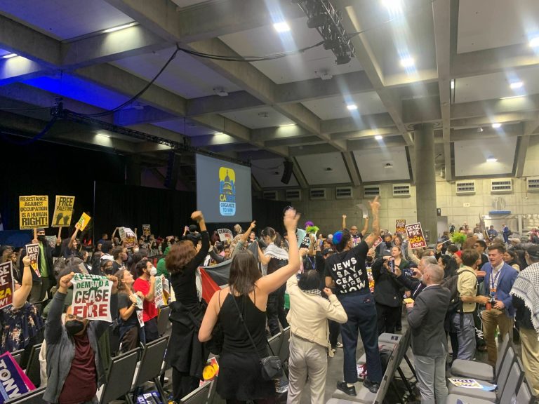 Pro Palestinian demonstrators disrupted Reps. Katie Porter and Adam Schiff at the California Democratic Convention in Sacramento.