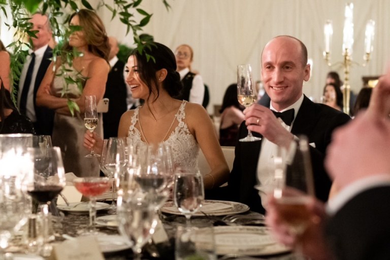 President Trump attended the wedding of two key aides, Katie Miller, the spokeswoman for Vice President Mike Pence, and senior policy adviser Stephen Miller.