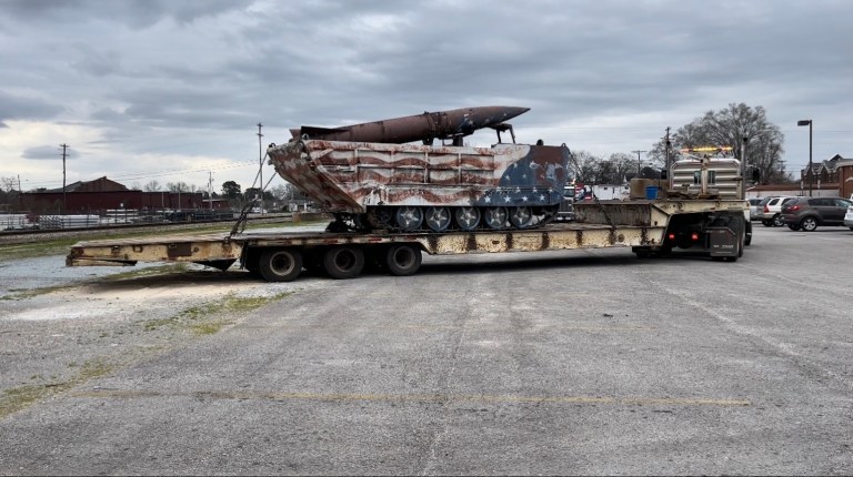 Middle school donates missile and red, white, and blue launcher to veterans museum