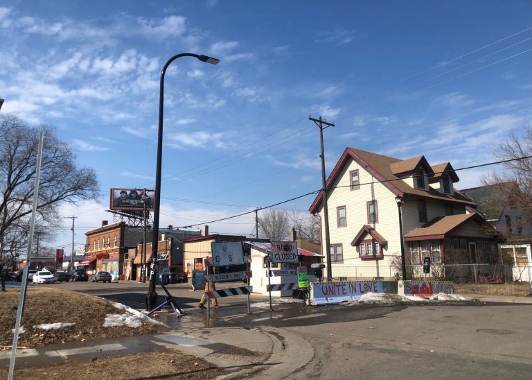 A barrier restricting access at George Floyd Square