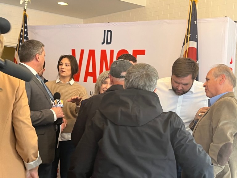 AURORA,Ohio - Republican US Senate nominee JD Vance talks to suburban Cleveland voters after an event in Portage County.
