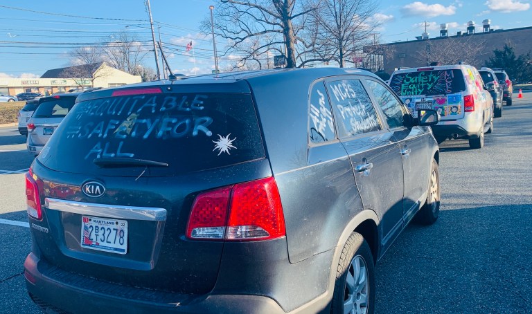 Cars at a teachers union rally against school reopening in Rockville, Maryland, February 23, 2021.