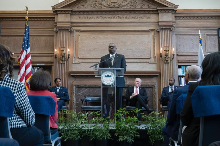 Secretary of Defense Lloyd J. Austin III speaks at an event with Secretary of the Air Force Frank Kendall, Howard University President Wayne A.I. Frederick, and ROTC cadet Bria White to announce Howard University as the first Air Force HBCU University Affiliated Research Center, at Howard University, Washington, D.C., Jan. 23, 2023.