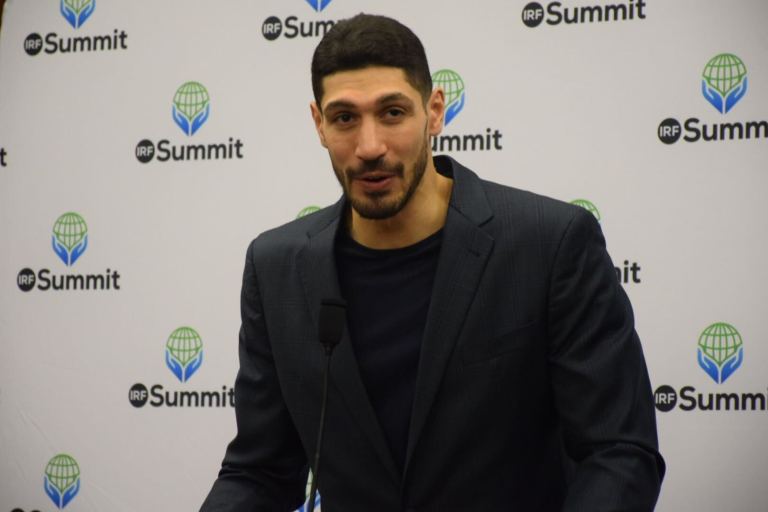 Enes Kanter Freedom talks to a crowd at an International Religious Freedom event on Capitol Hill on Monday, before a two day summit in Washington D.C. 