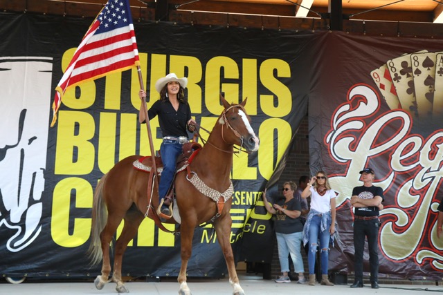 STURGIS, South Dakota â Gov. Kristi Noem on her horse, Iceman, at the 81st Sturgis rally in the Black Hills mountains. (Courtesy photo)