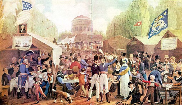 "Independence Day Celebration in Centre Square," an 1819 painting by John Lewis Krimmel, is shown.